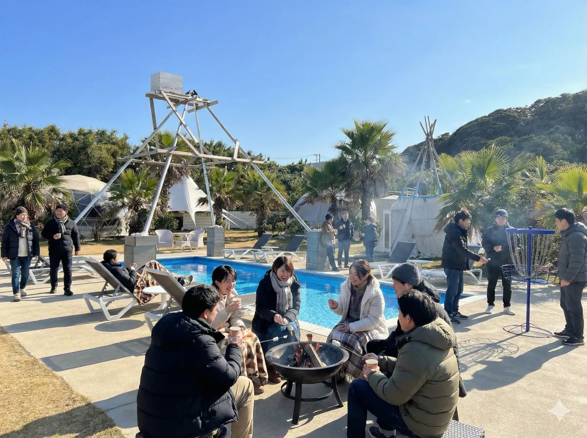 代替テキスト：貸切りプランでヴィラを独占し、プールサイドの焚き火を囲んで談笑する大人数のグループ
              タイトル ：OASIS-OARAI-全館貸切りプラン-プールサイドパーティー
              キャプション：1日6組の楽園を贅沢に独占。全館貸切りプランなら、仲間全員で最高の思い出を共有できます。
              説明 ：大洗・ひたちなかエリアの「OASIS-OARAI」全館貸切りプランの様子。温水プール、サウナ、ジャグジー、BBQテラスのすべてをプライベート空間として利用可能。卒業旅行や企業研修、親睦会に最適な水辺の拠点です。