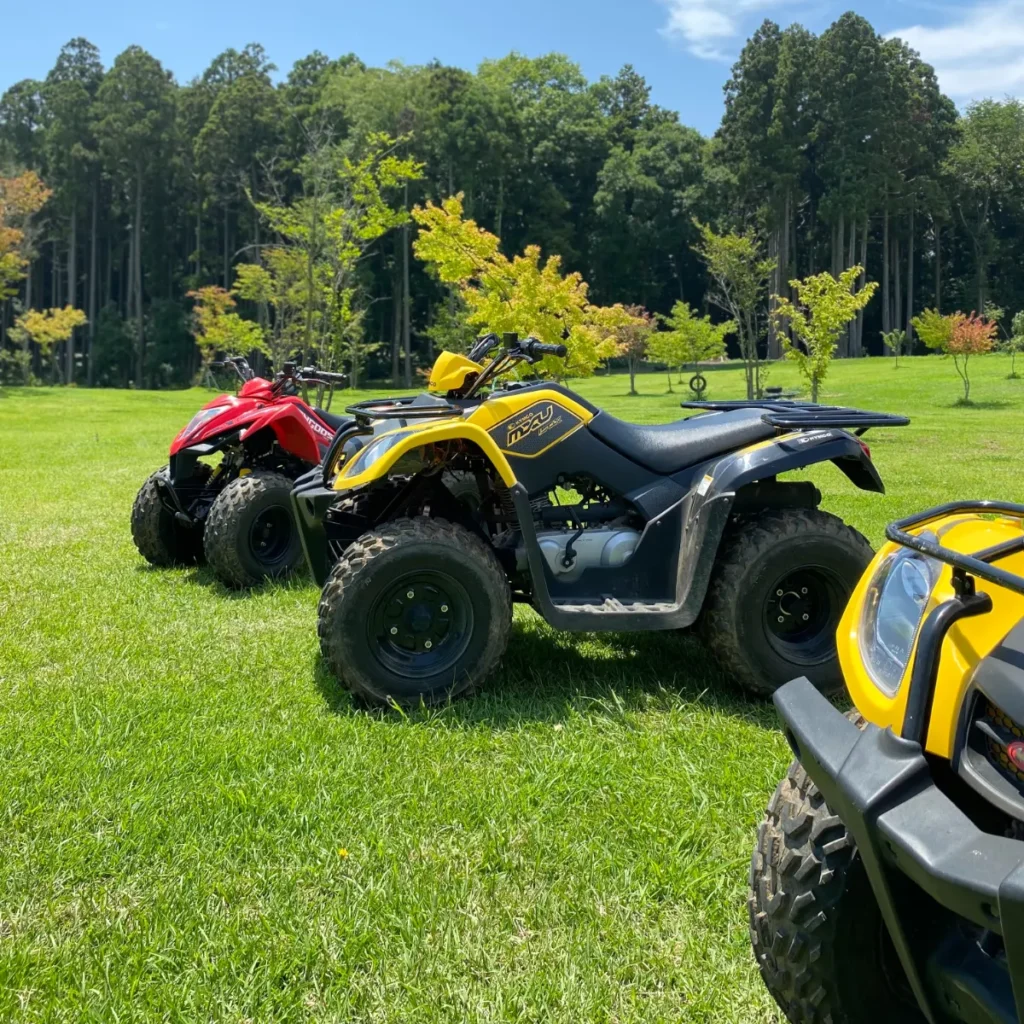 フォレストバギークルーズのバギー車両 - 茨城・大洗ひたちなかエリアのグランピング施設 Water front Villa OASIS大洗 森の前の草地に並ぶ3台のバギー。晴天の下、フォレストバギークルーズのアクティビティを象徴するシーン。