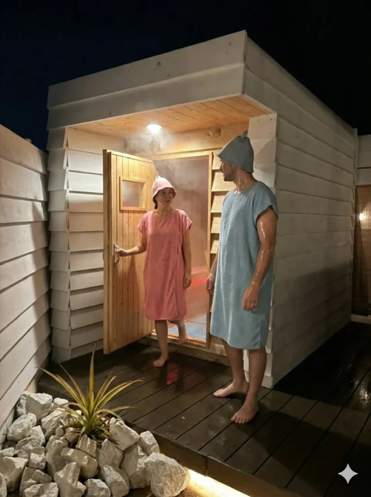 OASIS大洗の屋外サウナから出た2人のゲスト。夜の蒸気と木の温もりが印象的。