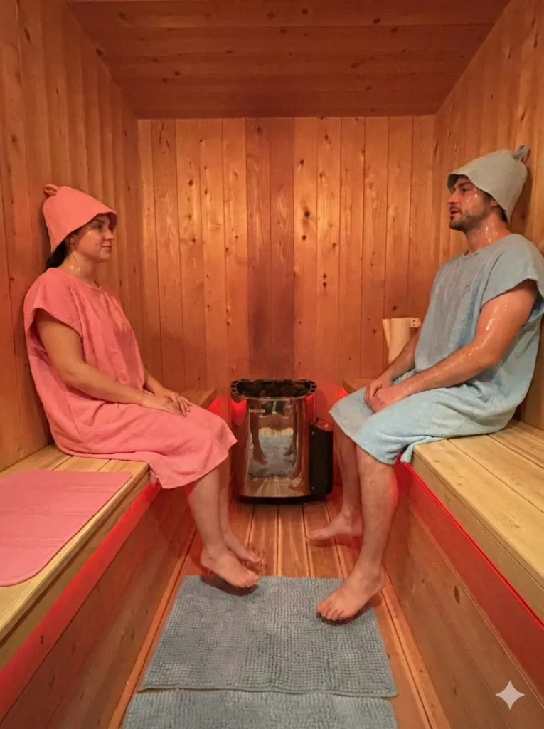 OASIS大洗の木製サウナ室で汗を流す2人のゲスト。中央にHelo製サウナストーブ。