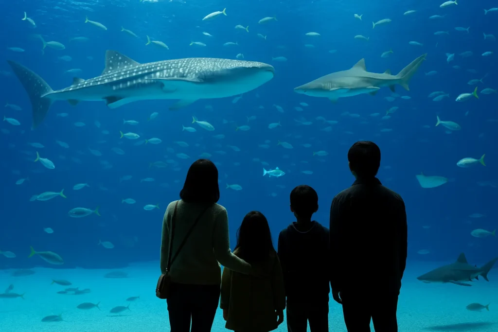 大洗水族館の巨大水槽を見つめる家族の後ろ姿。ジンベエザメや多彩な魚が泳ぐ幻想的な海の世界。