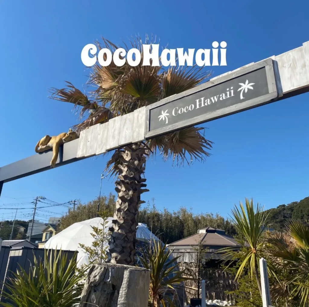 Cocohawaii時代の入口看板と南国風の装飾が並ぶ施設外観