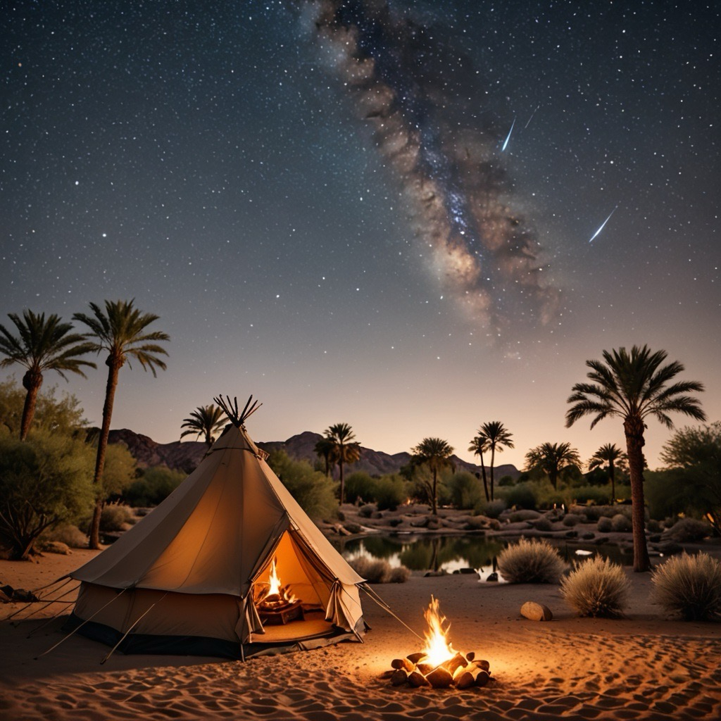 砂漠の夜空の下で焚き火に照らされたテントと満天の星空