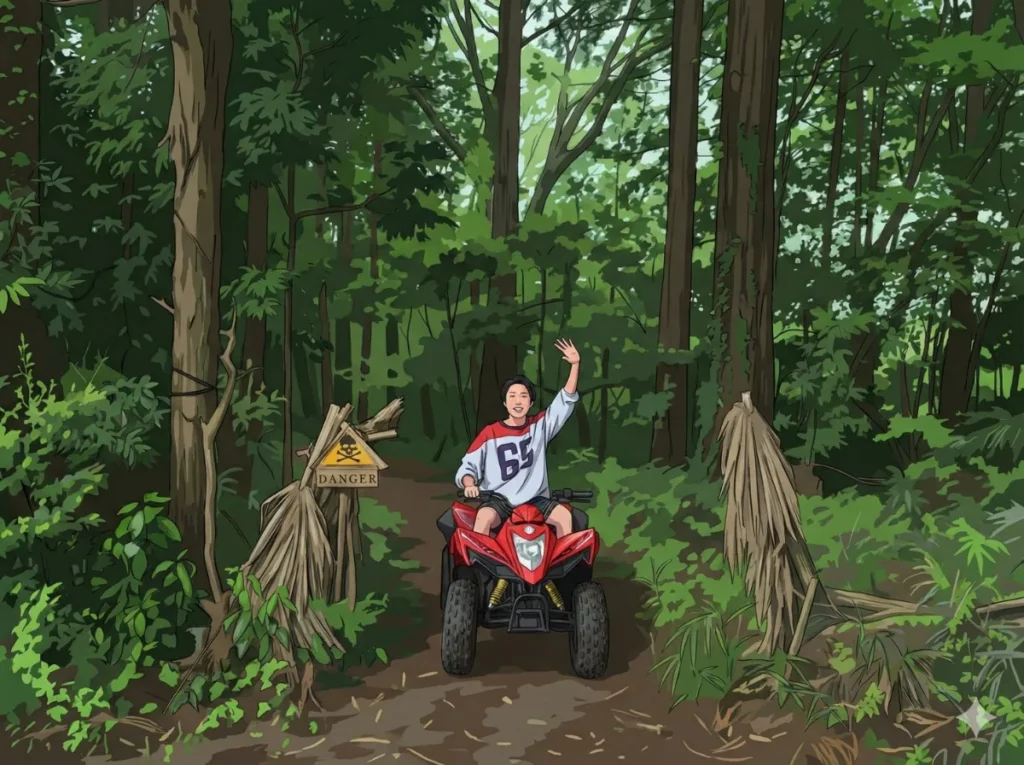 相葉雅紀さんがフォレストバギークルーズを体験し、森の中をバギーで走行している様子を描いたイラスト。