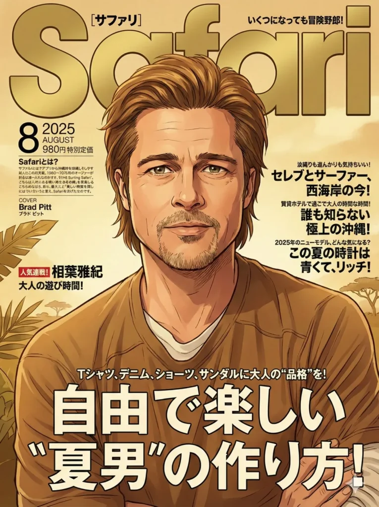 雑誌『Safari』2025年8月号の表紙。ブラッド・ピットが描かれたイラストとともに、相葉雅紀さんの連載「大人の遊び時間」が掲載されている号。