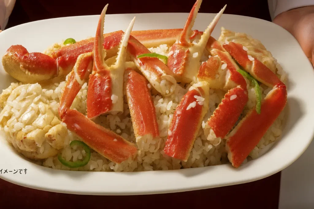 シーフードレストラン メヒコ大洗店のカニピラフ。白い皿にカニの脚と爪が豪快に盛られた料理。