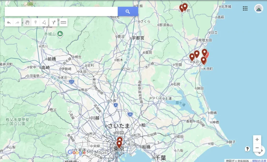 A regional map of Japan showing the route from Tokyo to the coastal area of Ibaraki, highlighting key locations including Tokyo Station, Mito Station, and the OASIS-OARAI resort near the Pacific Ocean.