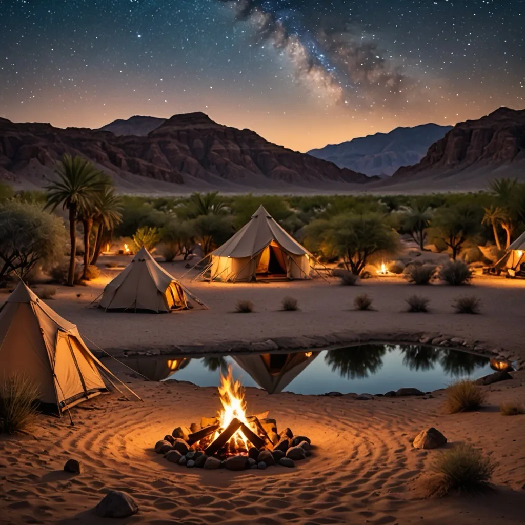 砂漠の夜を照らすキャンプファイヤーと星空のオアシス - 茨城・大洗ひたちなかエリアのグランピング施設 Water front Villa OASIS大洗 砂漠の夜に灯るキャンプファイヤーと星空の下で輝くテントと水面の反射